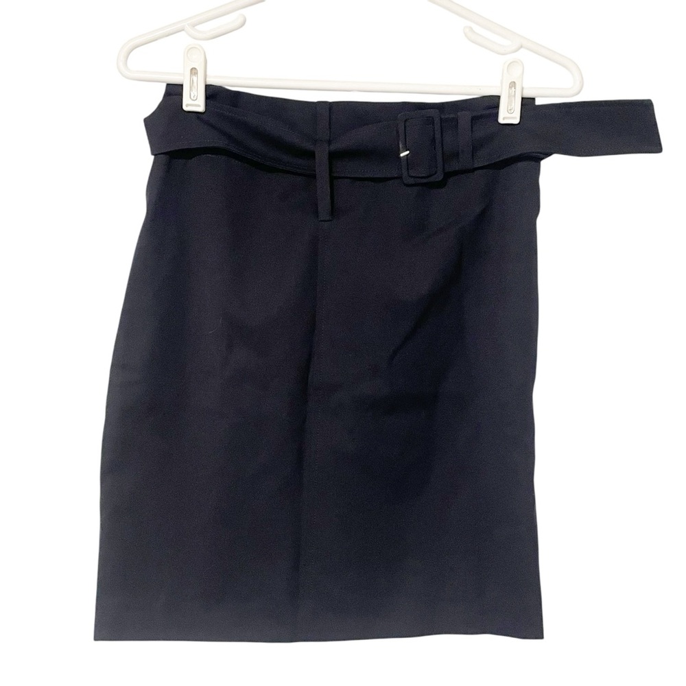 Prada Vintage Size 40 Navy Blue Virgin Wool Belted Miniskirt